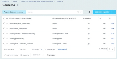 INRAISE: 301 редирект неактивных элементов и разделов