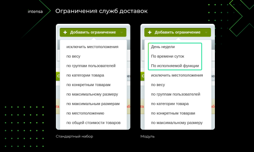 Intensa: Расширение набора ограничений для служб доставок и оплат для интернет-магазина