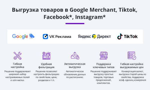 Выгрузка товаров в Google Merchant, VK Реклама, Яндекс Директ, Facebook* Instagram* экспорт каталога